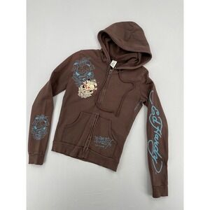 Women's Ed Hardy Love Kills Slowly Brown Zip Up Hoodie Christian Audigier Sz M